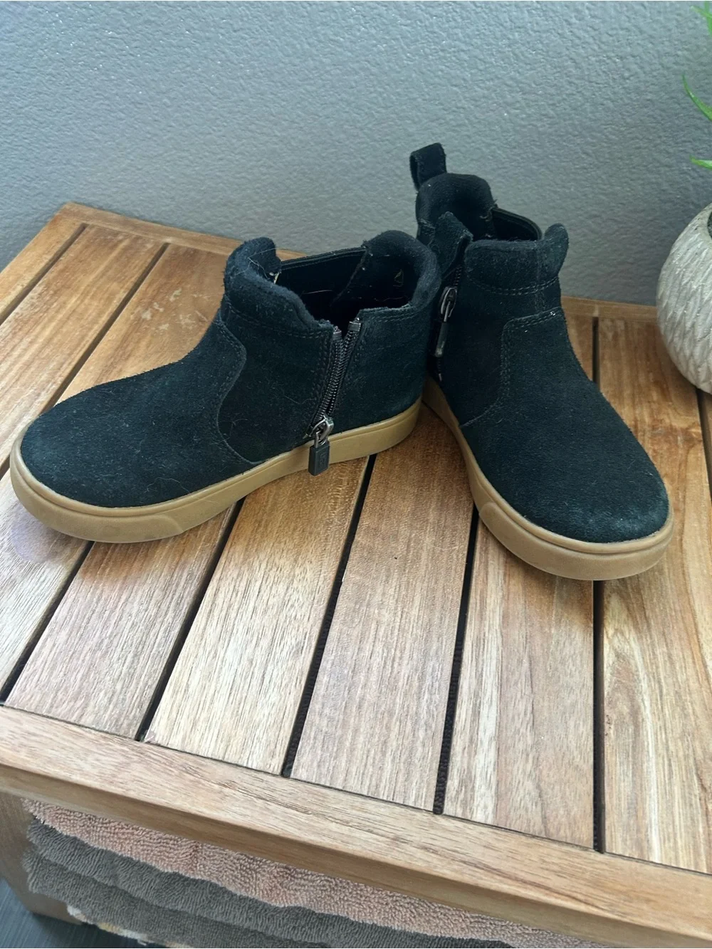 UGG Kids Black Suede Boots with Tan Sole